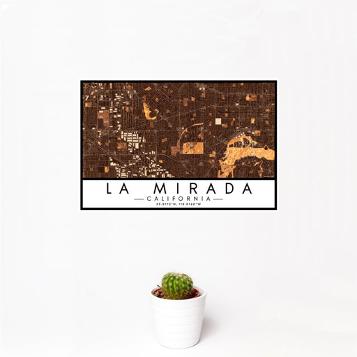 12x18 La Mirada California Map Print Landscape Orientation in Ember Style With Small Cactus Plant in White Planter