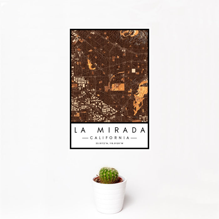 12x18 La Mirada California Map Print Portrait Orientation in Ember Style With Small Cactus Plant in White Planter
