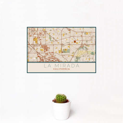 12x18 La Mirada California Map Print Landscape Orientation in Woodblock Style With Small Cactus Plant in White Planter