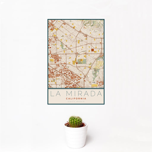 12x18 La Mirada California Map Print Portrait Orientation in Woodblock Style With Small Cactus Plant in White Planter