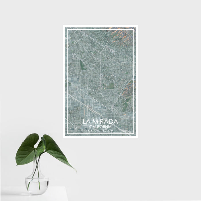 16x24 La Mirada California Map Print Portrait Orientation in Afternoon Style With Tropical Plant Leaves in Water