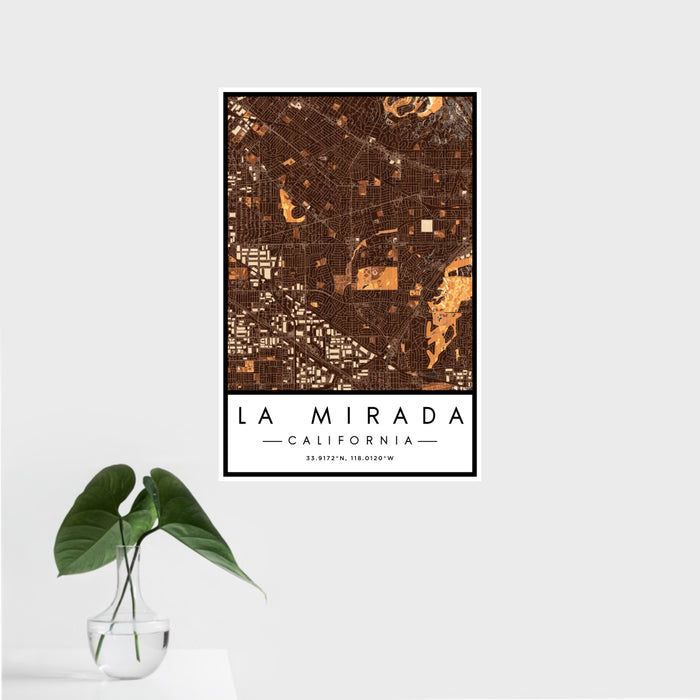 16x24 La Mirada California Map Print Portrait Orientation in Ember Style With Tropical Plant Leaves in Water