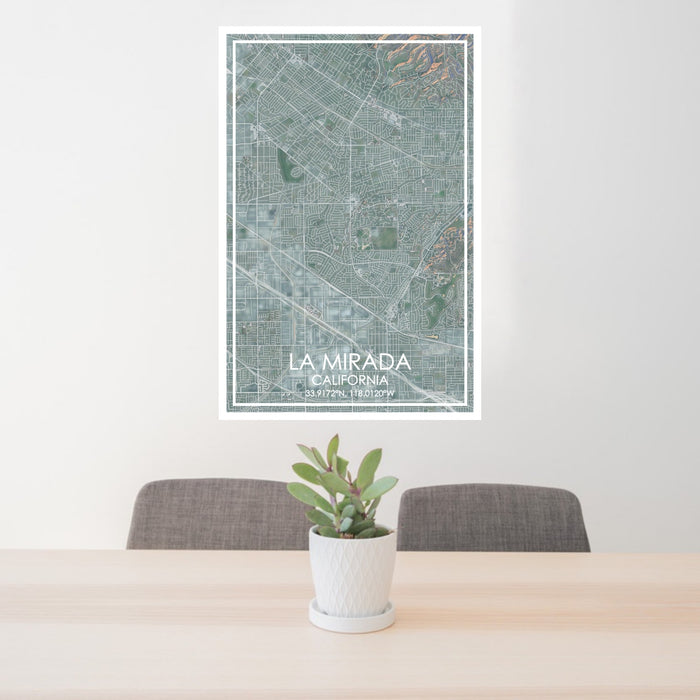 24x36 La Mirada California Map Print Portrait Orientation in Afternoon Style Behind 2 Chairs Table and Potted Plant
