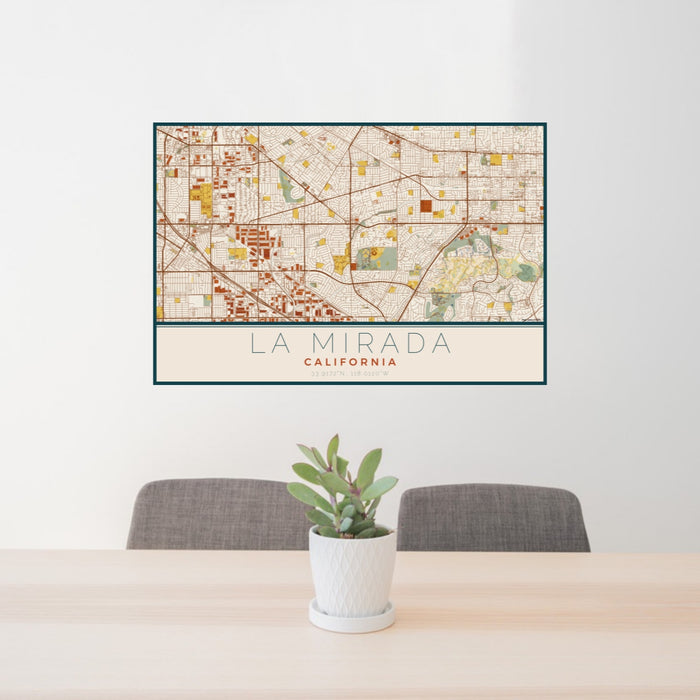 24x36 La Mirada California Map Print Lanscape Orientation in Woodblock Style Behind 2 Chairs Table and Potted Plant