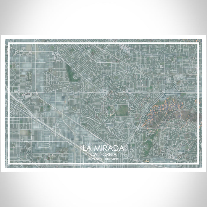 La Mirada California Map Print Landscape Orientation in Afternoon Style With Shaded Background