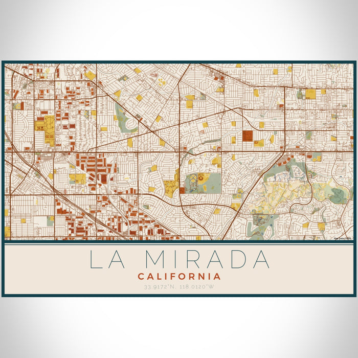 La Mirada California Map Print Landscape Orientation in Woodblock Style With Shaded Background