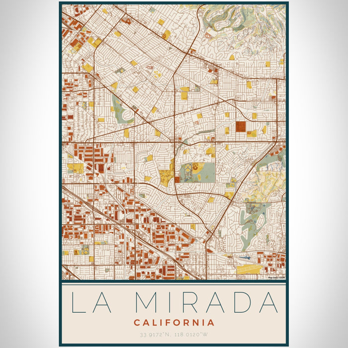 La Mirada California Map Print Portrait Orientation in Woodblock Style With Shaded Background