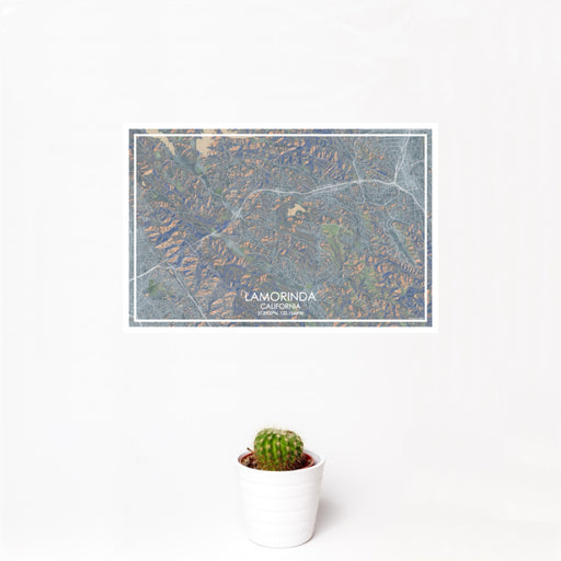 12x18 Lamorinda California Map Print Landscape Orientation in Afternoon Style With Small Cactus Plant in White Planter