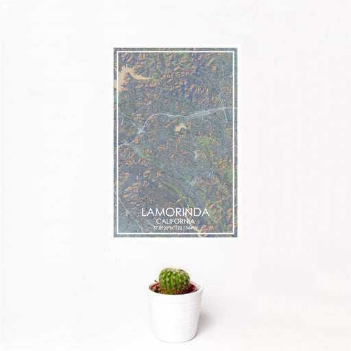 12x18 Lamorinda California Map Print Portrait Orientation in Afternoon Style With Small Cactus Plant in White Planter