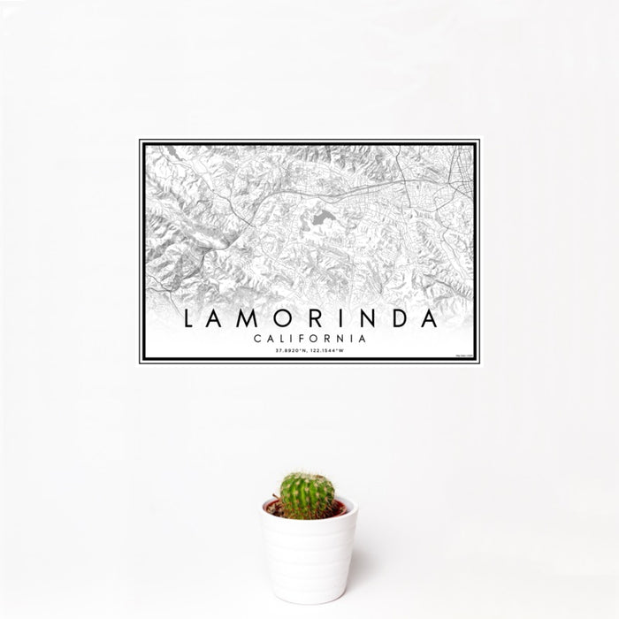 12x18 Lamorinda California Map Print Landscape Orientation in Classic Style With Small Cactus Plant in White Planter
