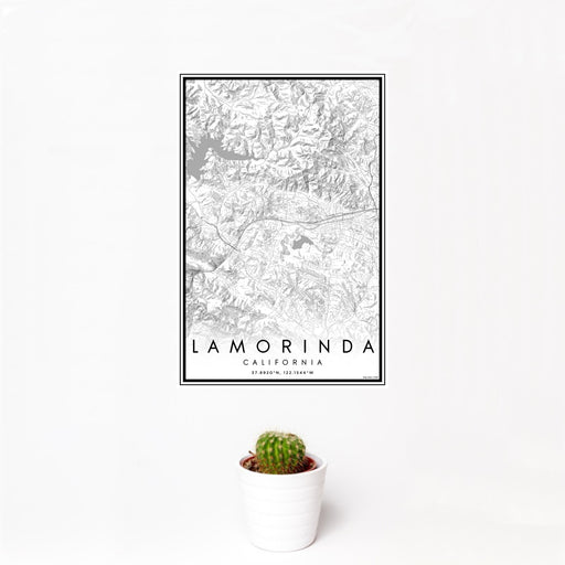 12x18 Lamorinda California Map Print Portrait Orientation in Classic Style With Small Cactus Plant in White Planter