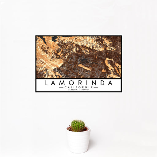 12x18 Lamorinda California Map Print Landscape Orientation in Ember Style With Small Cactus Plant in White Planter