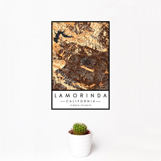 12x18 Lamorinda California Map Print Portrait Orientation in Ember Style With Small Cactus Plant in White Planter