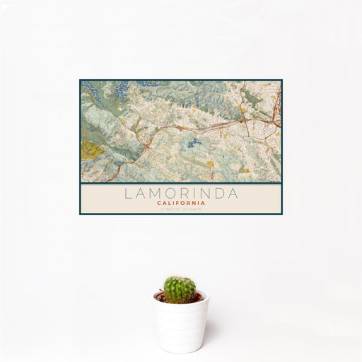 12x18 Lamorinda California Map Print Landscape Orientation in Woodblock Style With Small Cactus Plant in White Planter