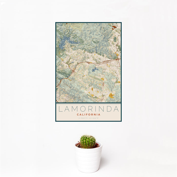 12x18 Lamorinda California Map Print Portrait Orientation in Woodblock Style With Small Cactus Plant in White Planter