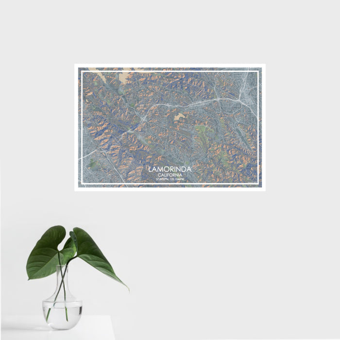 16x24 Lamorinda California Map Print Landscape Orientation in Afternoon Style With Tropical Plant Leaves in Water