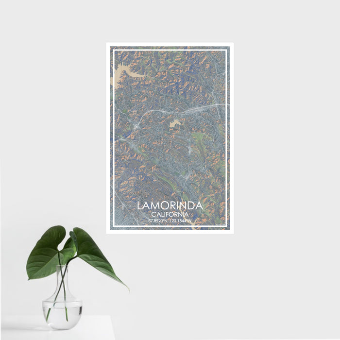 16x24 Lamorinda California Map Print Portrait Orientation in Afternoon Style With Tropical Plant Leaves in Water