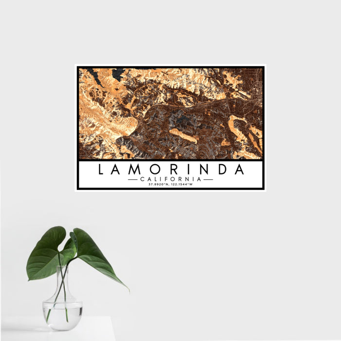 16x24 Lamorinda California Map Print Landscape Orientation in Ember Style With Tropical Plant Leaves in Water