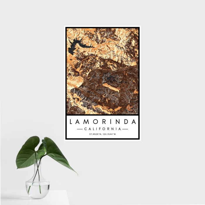 16x24 Lamorinda California Map Print Portrait Orientation in Ember Style With Tropical Plant Leaves in Water