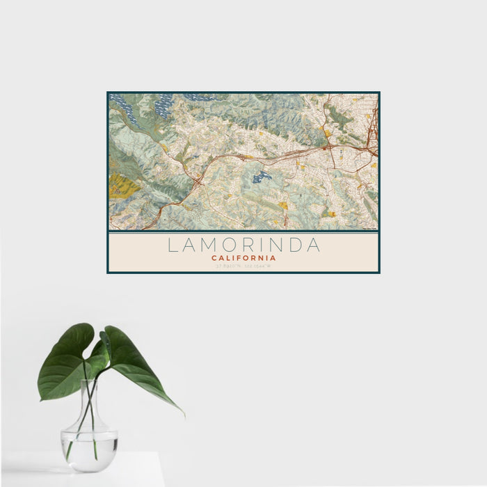 16x24 Lamorinda California Map Print Landscape Orientation in Woodblock Style With Tropical Plant Leaves in Water