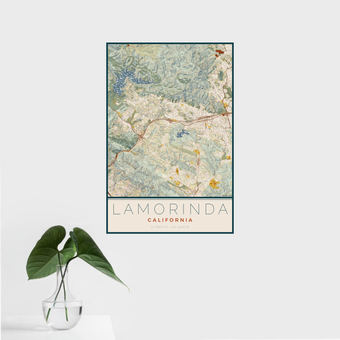 16x24 Lamorinda California Map Print Portrait Orientation in Woodblock Style With Tropical Plant Leaves in Water