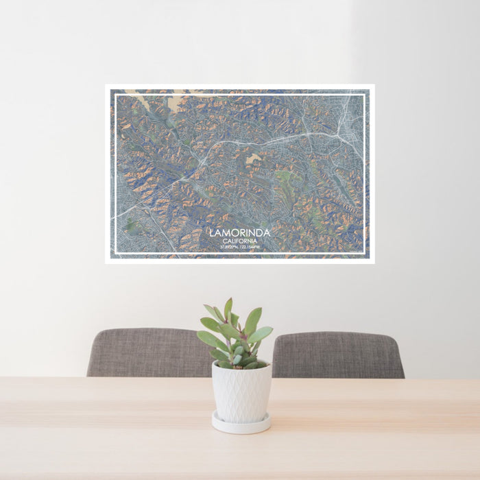 24x36 Lamorinda California Map Print Lanscape Orientation in Afternoon Style Behind 2 Chairs Table and Potted Plant