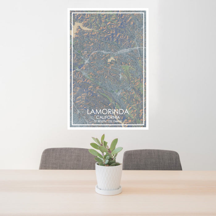 24x36 Lamorinda California Map Print Portrait Orientation in Afternoon Style Behind 2 Chairs Table and Potted Plant