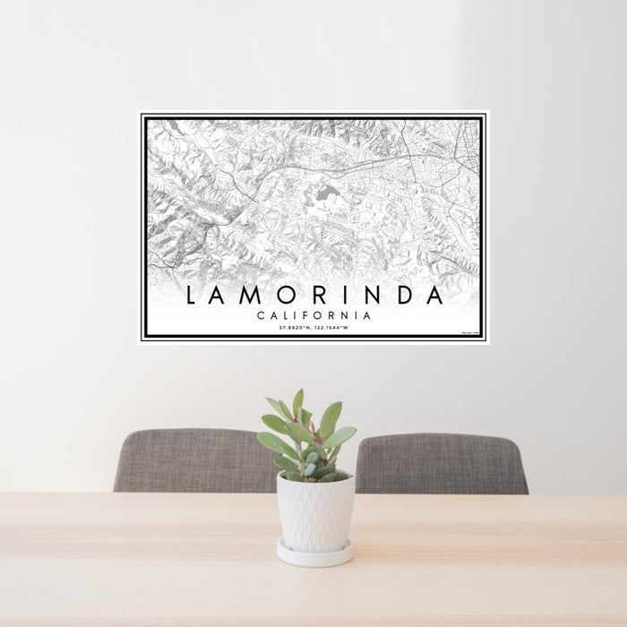 24x36 Lamorinda California Map Print Lanscape Orientation in Classic Style Behind 2 Chairs Table and Potted Plant