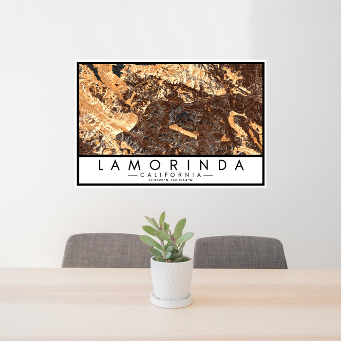 24x36 Lamorinda California Map Print Lanscape Orientation in Ember Style Behind 2 Chairs Table and Potted Plant