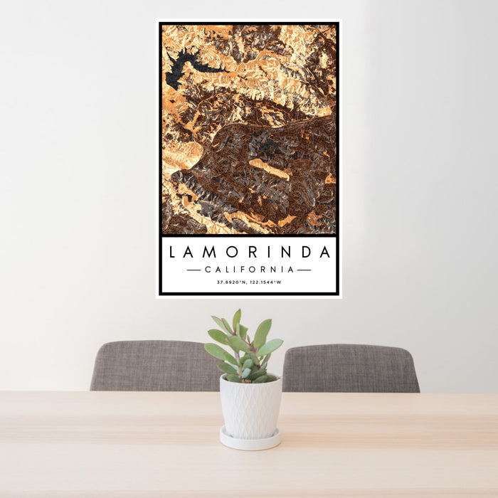 24x36 Lamorinda California Map Print Portrait Orientation in Ember Style Behind 2 Chairs Table and Potted Plant