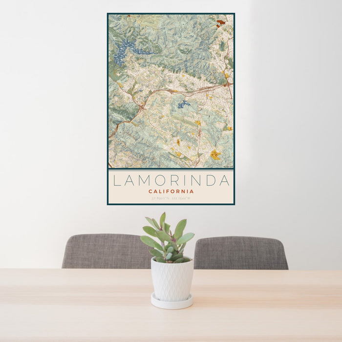 24x36 Lamorinda California Map Print Portrait Orientation in Woodblock Style Behind 2 Chairs Table and Potted Plant