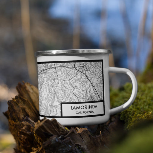 Right View Custom Lamorinda California Map Enamel Mug in Classic on Grass With Trees in Background