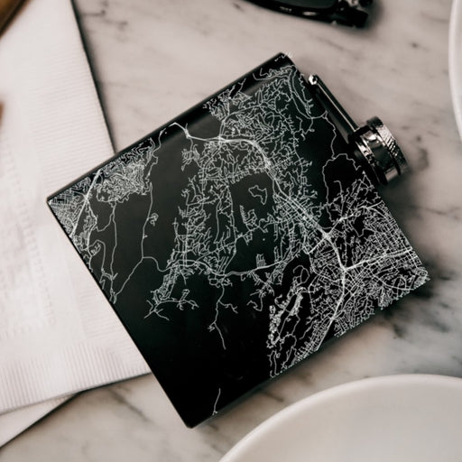 Lamorinda California Custom Engraved City Map Inscription Coordinates on 6oz Stainless Steel Flask in Black