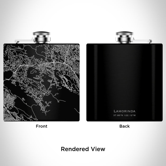 Rendered View of Lamorinda California Map Engraving on 6oz Stainless Steel Flask in Black