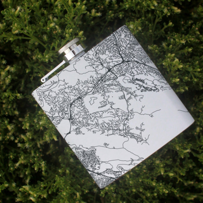 Lamorinda California Custom Engraved City Map Inscription Coordinates on 6oz Stainless Steel Flask in White