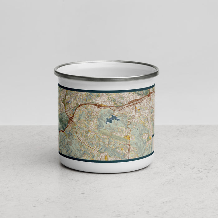 Front View Custom Lamorinda California Map Enamel Mug in Woodblock