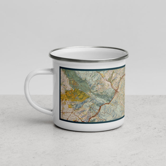 Left View Custom Lamorinda California Map Enamel Mug in Woodblock