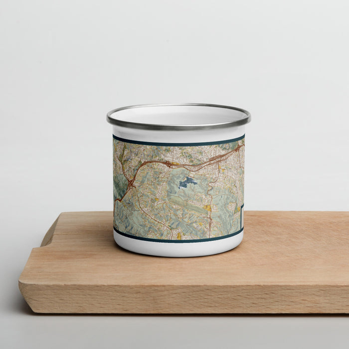 Front View Custom Lamorinda California Map Enamel Mug in Woodblock on Cutting Board