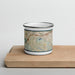 Front View Custom Lamorinda California Map Enamel Mug in Woodblock on Cutting Board