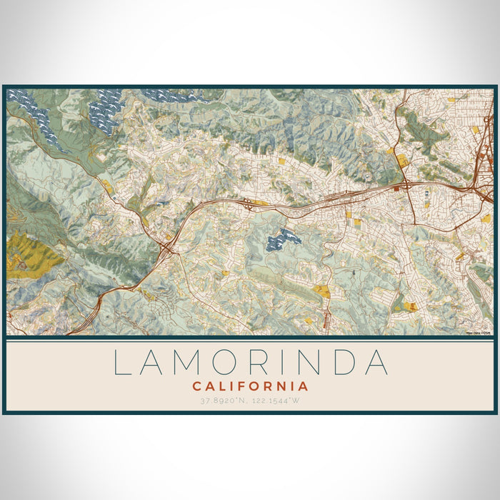 Lamorinda California Map Print Landscape Orientation in Woodblock Style With Shaded Background