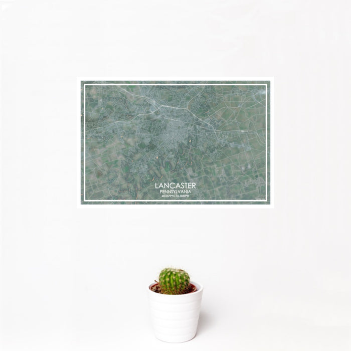 12x18 Lancaster Pennsylvania Map Print Landscape Orientation in Afternoon Style With Small Cactus Plant in White Planter