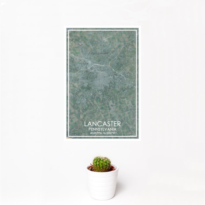 12x18 Lancaster Pennsylvania Map Print Portrait Orientation in Afternoon Style With Small Cactus Plant in White Planter