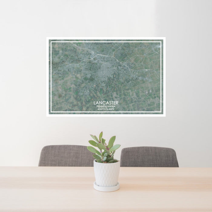 24x36 Lancaster Pennsylvania Map Print Lanscape Orientation in Afternoon Style Behind 2 Chairs Table and Potted Plant