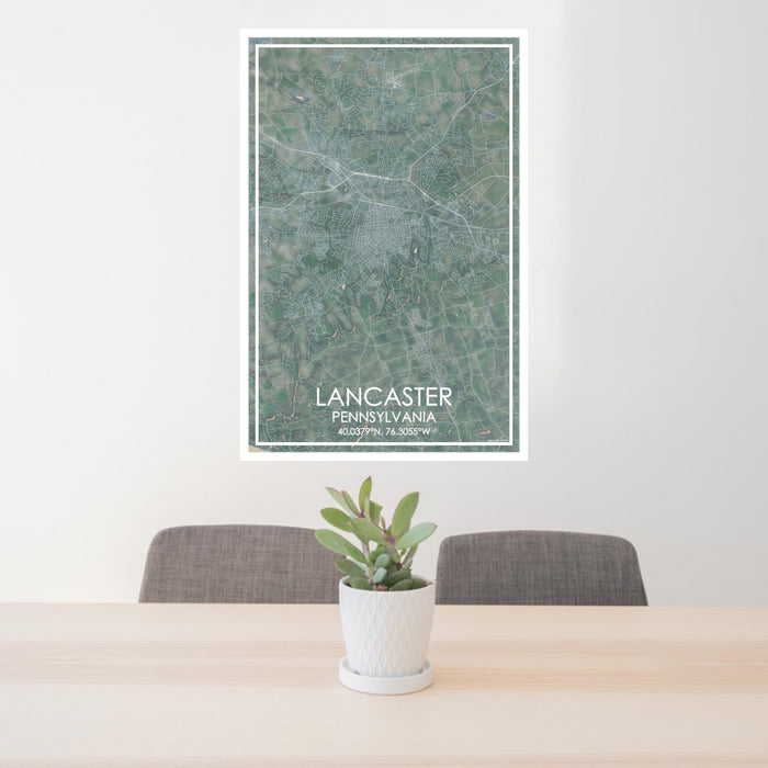 24x36 Lancaster Pennsylvania Map Print Portrait Orientation in Afternoon Style Behind 2 Chairs Table and Potted Plant