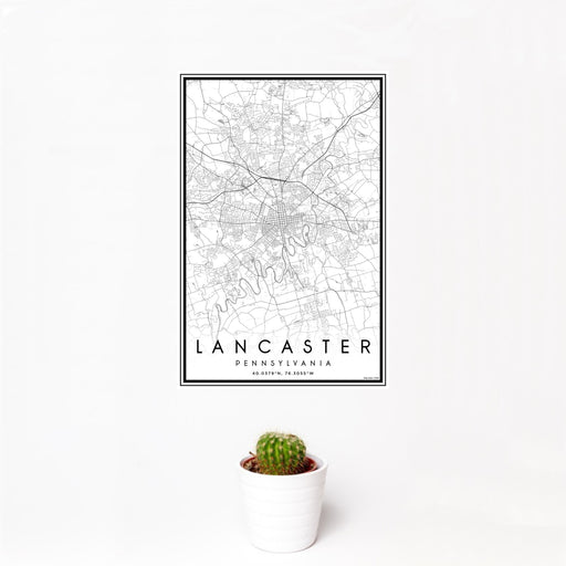 12x18 Lancaster Pennsylvania Map Print Portrait Orientation in Classic Style With Small Cactus Plant in White Planter
