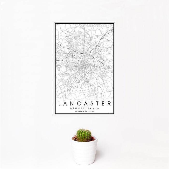 12x18 Lancaster Pennsylvania Map Print Portrait Orientation in Classic Style With Small Cactus Plant in White Planter