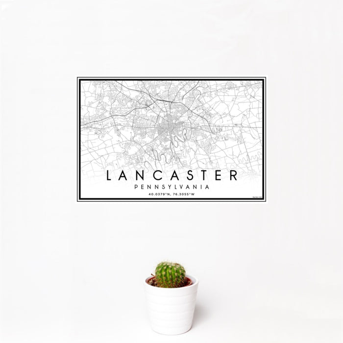12x18 Lancaster Pennsylvania Map Print Landscape Orientation in Classic Style With Small Cactus Plant in White Planter