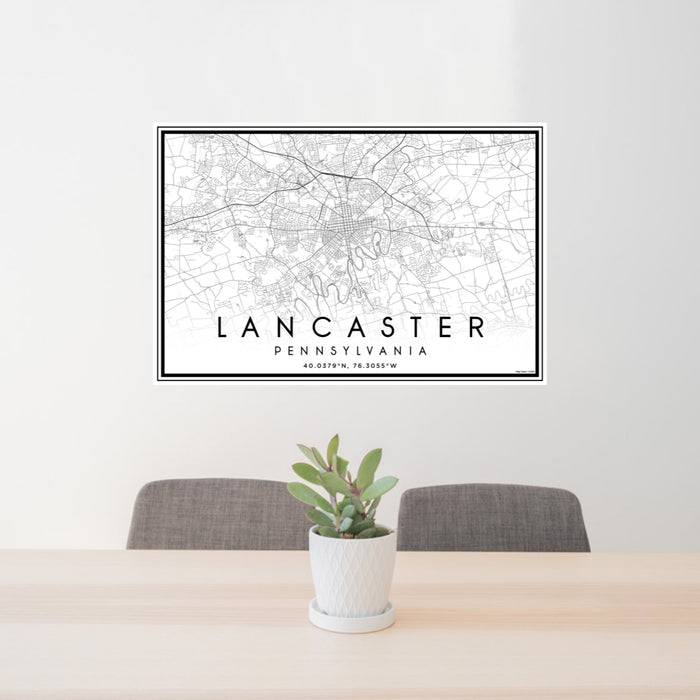 24x36 Lancaster Pennsylvania Map Print Landscape Orientation in Classic Style Behind 2 Chairs Table and Potted Plant