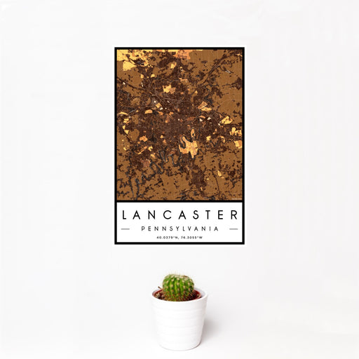12x18 Lancaster Pennsylvania Map Print Portrait Orientation in Ember Style With Small Cactus Plant in White Planter
