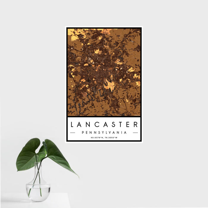 16x24 Lancaster Pennsylvania Map Print Portrait Orientation in Ember Style With Tropical Plant Leaves in Water
